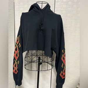 Black Cropped Hoodie with Flame sleeves